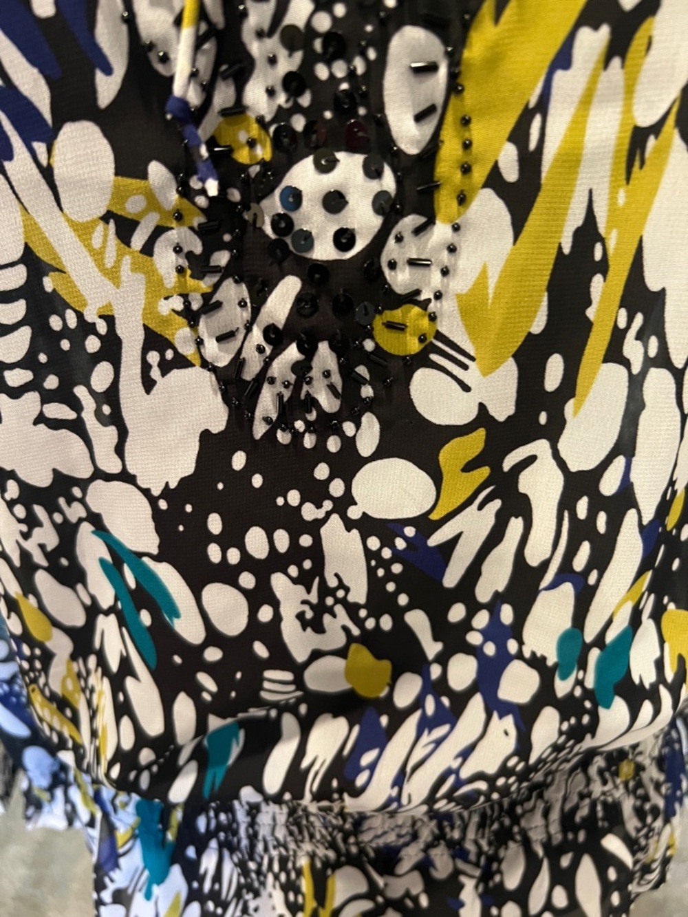 Fashion Bug Black Abstract Print Blouse with White, Yellow & Teal Accents - Picture 3 of 10